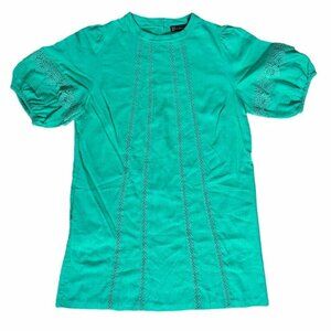 XL Green A Line Knee Length Dress Linen Blend Eyelet Lace Puff Sleeve Pockets